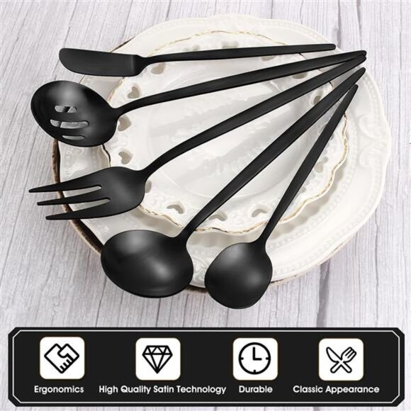 Matte Black Serving Silverware Set, 5-Piece Round Shared Utensils Set - Picture 3 of 7